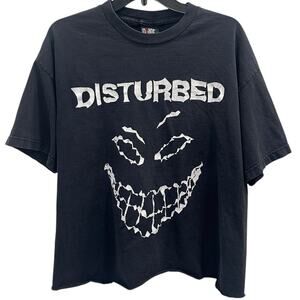 VTG Y2K 00s Disturbed Band Tee Black Glow in the Dark Smile DIY Crop Nu Metal XL